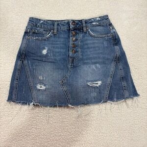 We The Free Harvey Distressed Medium Wash A-Line Denim Jean Skirt Size 26
